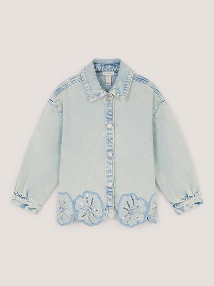 Monsoon Kids' Sequin Flower Denim Jacket, Light Blue, Light Blue
