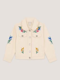Monsoon Kids' Embellished Floral Denim Jacket, Ivory, Ivory