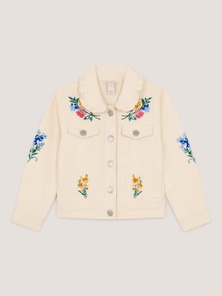 Monsoon Kids' Embellished Floral Denim Jacket, Ivory, Ivory