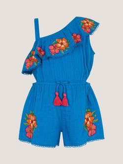 Monsoon Kids' One Shoulder Tassel Waist Playsuit, Blue/Multi, Blue/Multi