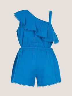 Monsoon Kids' One Shoulder Tassel Waist Playsuit, Blue/Multi - view 2, Blue/Multi
