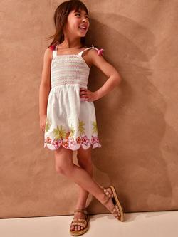 Monsoon Kids' Sleeveless Palm Smock Playsuit, White/Multi, White/Multi