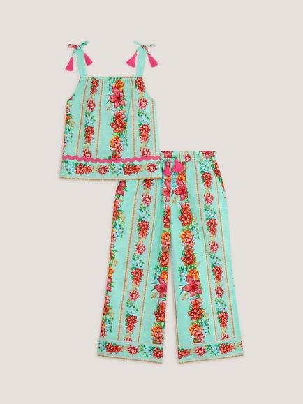 Monsoon Kids' Vintage Floral Tank Top & Trousers Set, Aqua - view 2, Aqua