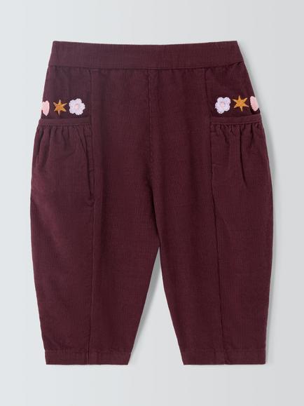John Lewis Baby Corduroy Embroidered Trousers, Purple, Purple