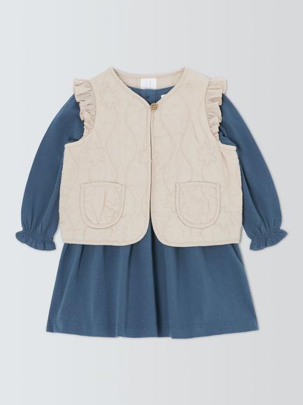 John Lewis Baby Cotton Gilet & Dress Set, Blue / Cream, Blue / Cream