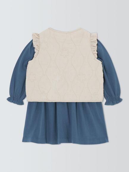 John Lewis Baby Cotton Gilet & Dress Set, Blue / Cream - view 2, Blue / Cream
