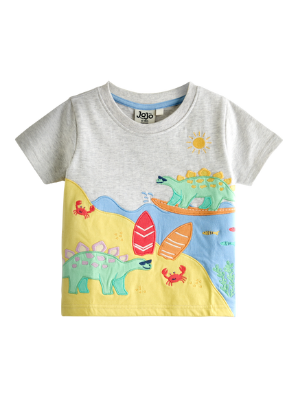 JoJo Maman Bébé Kids' Surfing Dino Scene Applique T-Shirt, Light Grey Marl, Light Grey Marl