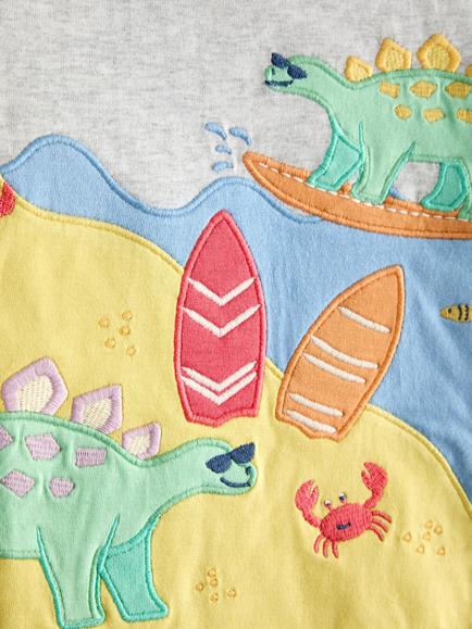 JoJo Maman Bébé Kids' Surfing Dino Scene Applique T-Shirt, Light Grey Marl - view 2, Light Grey Marl