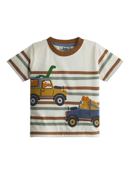 JoJo Maman Bébé Kids' Dino Truck Appliqué T-Shirt, Cream, Cream