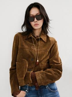 Mango Laura Cropped Pure Suede Jacket, Tobacco, Tobacco