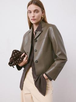 Mango Sabi V-Neck Faux Leather Jacket, Olive, Olive