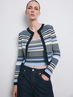 Mango Mina Cropped Stripe Cardigan, Blue, Blue