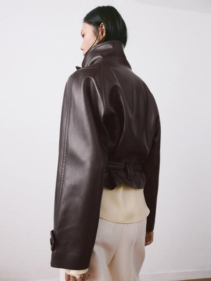 Mango Auro Belted Faux Leather Jacket, Garnet - view 2, Garnet