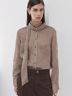 Mango Corbat Tie Neck Stripe Shirt, Brown, Brown