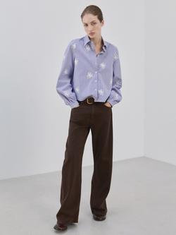 Mango Maja Embroidered Stripe Shirt, Sky Blue, Sky Blue