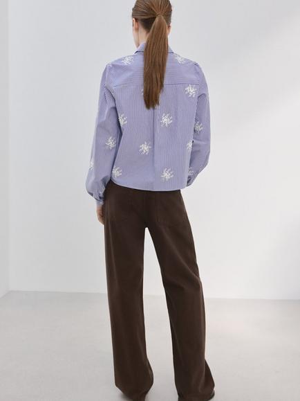 Mango Maja Embroidered Stripe Shirt, Sky Blue - view 2, Sky Blue