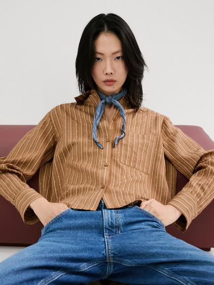 Mango Puna Stripe Rhinestone Shirt, Brown, Brown