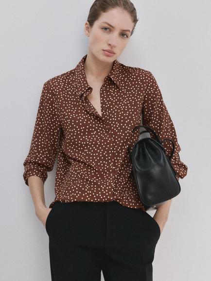 Mango Spot Print Long Sleeve Shirt, Tobacco