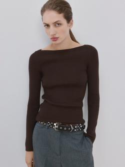 Mango Boat Neck Rib Knit Jumper, Chocolate, Chocolate