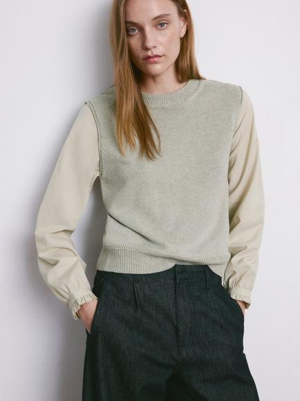 Mango Crew Neck Sheer Sleeve Knitted Top, Aqua, Aqua
