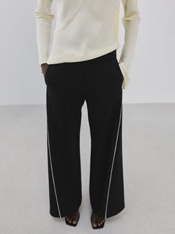 Mango Side Stripe Satin Wide Leg Trousers, Black, Black