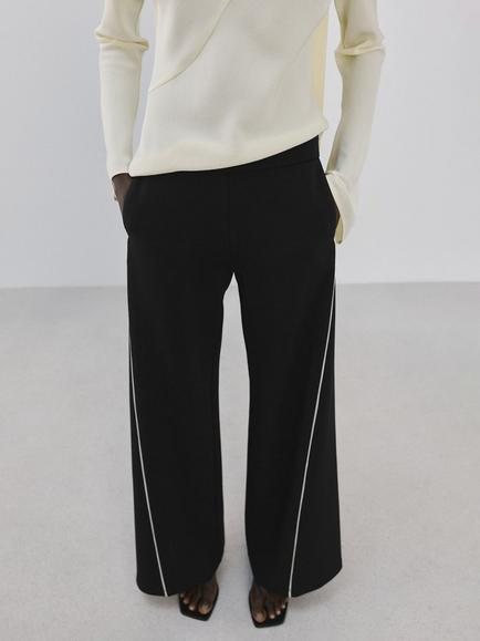 Mango Side Stripe Satin Wide Leg Trousers, Black, Black