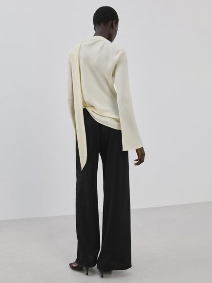 Mango Side Stripe Satin Wide Leg Trousers, Black - view 2, Black