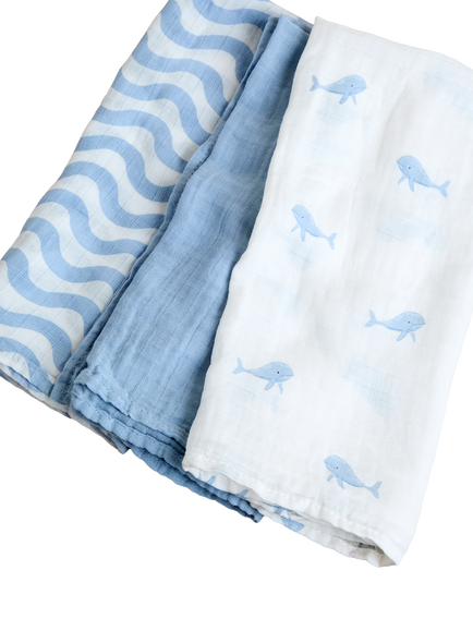 JoJo Maman Bébé Whale Stripe Muslin Cloth, Pack of 3, Mid Blue, Mid Blue