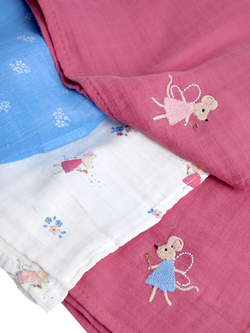 JoJo Maman Bébé Fairy Mouse Embroidered Muslin Cloths, Pack of 5, Pink/Multi - view 2, Pink/Multi