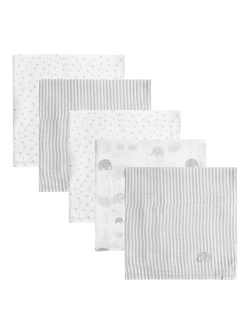 JoJo Maman Bébé Newborn Embroidered Muslin Cloths, Pack of 5, White/Grey, White/Grey
