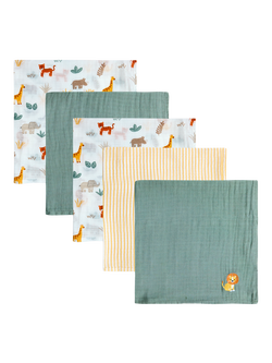 JoJo Maman Bébé Safari Embroidered Muslin Cloths, Pack of 5, Green/Multi, Green/Multi