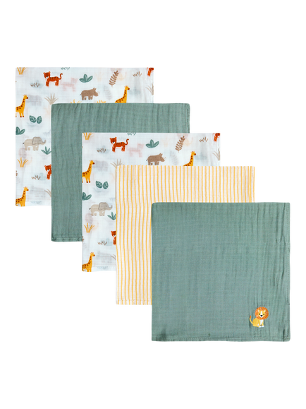 JoJo Maman Bébé Safari Embroidered Muslin Cloths, Pack of 5, Green/Multi, Green/Multi