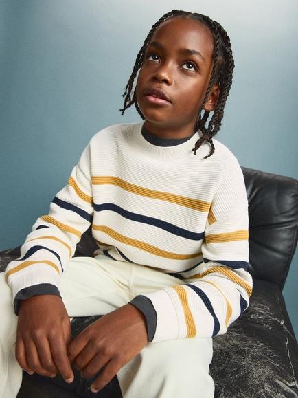 Mango Kids' Tom Round Neck Striped Jumper, Mustard, Mustard