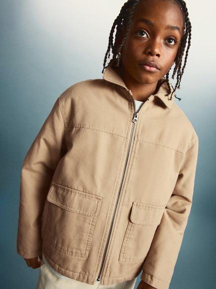 Mango Kids' Cotton Utility Jacket, Beige, Beige