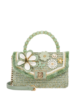 Blooms Flower Bead Top Handle Bag, Green, Green