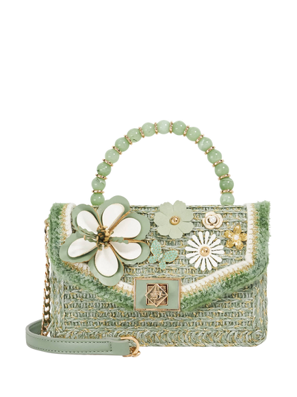 Blooms Flower Bead Top Handle Bag, Green, Green