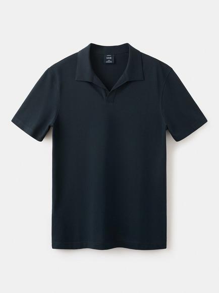 Mango Cotton Blend Slim Fit Open Collar Polo Shirt, Navy