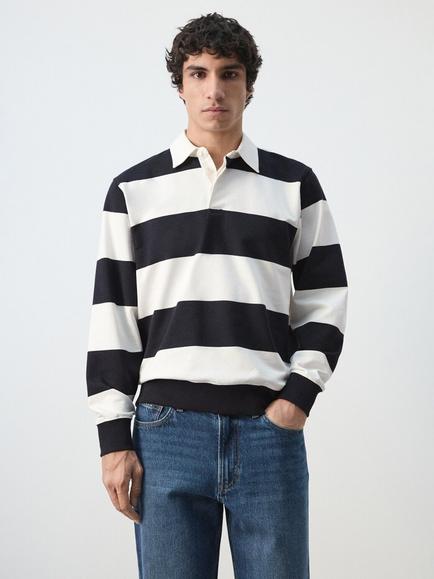 Mango Striped Cotton Knit Polo Sweatshirt, White/Multi, White/Multi