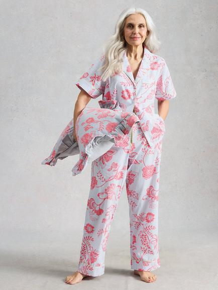 White Stuff Nina Floral Stripe Pyjama Bottoms, Blue/Multi, Blue/Multi