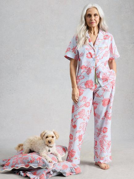 White Stuff Nina Floral Stripe Pyjama Shirt, Blue Mid, Blue Mid