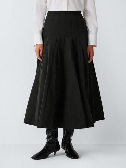 John Lewis Godet Pleated Cotton Full Midi Skirt, Black, Black