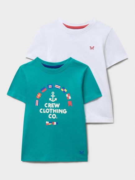 Crew Clothing Kids' Print and Plain T-Shirt, Pack of 2, Turquoise Blue - view 2, Turquoise Blue