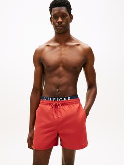 Tommy Hilfiger Double Waistband Medium Length Swim Shorts, Red Crimson, Red Crimson