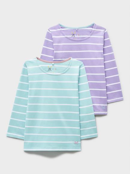 Crew Clothing Kids' Cotton Long Sleeve Breton Top, Pack of 2, Mint Green/Lilac - view 2, Mint Green/Lilac