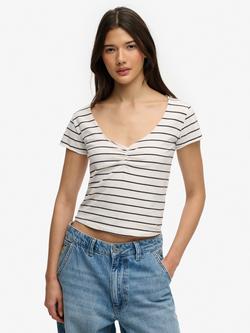Superdry Athletic Essentials Gathered Pattern Top, Off White Stripe, Off White Stripe