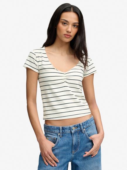 Superdry Athletic Essentials Gathered Pattern Top, Off White Stripe, Off White Stripe