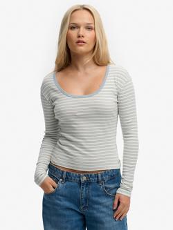 Superdry Athletic Essentials Stripe Long Sleeve Top, Blue Fog, Blue Fog