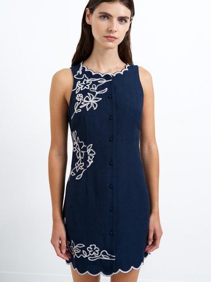 French Connection Calissa Embroidered Mini Dress, Navy/Porcelain, Navy/Porcelain