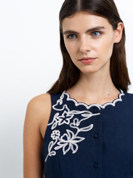 French Connection Calissa Embroidered Mini Dress, Navy/Porcelain - view 2, Navy/Porcelain