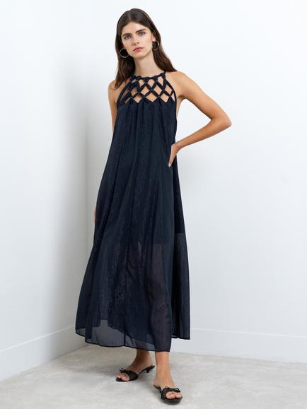 French Connection Beth Lurex Halterneck Maxi Dress, Navy, Navy